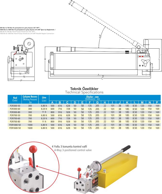 P2R700-50 Hidrolik Yüksek Basınç Çift Hızlı El Pompası (Dikdörtgen Tip) 700 Bar 6.80 lt.