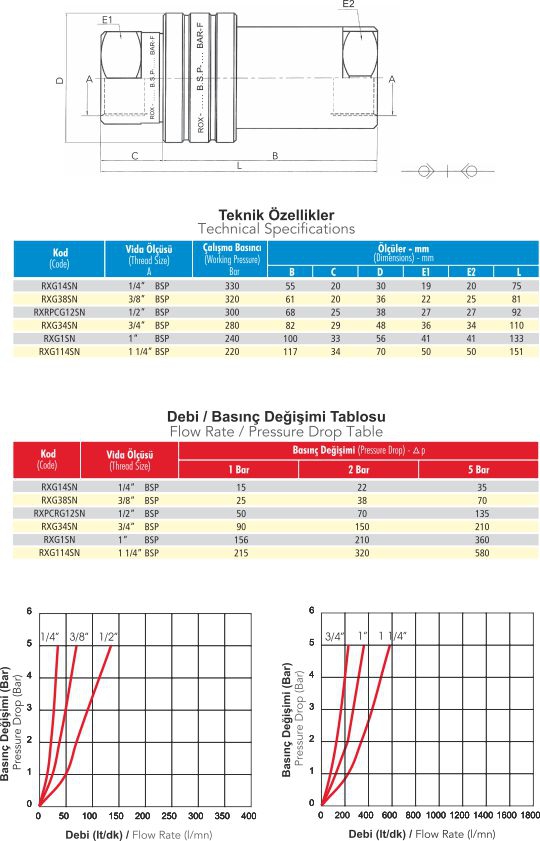 RXG114SN 1 - 1/4” BSP Hidrolik Otomatik Rekor -Takım- “ROX” 220 Bar