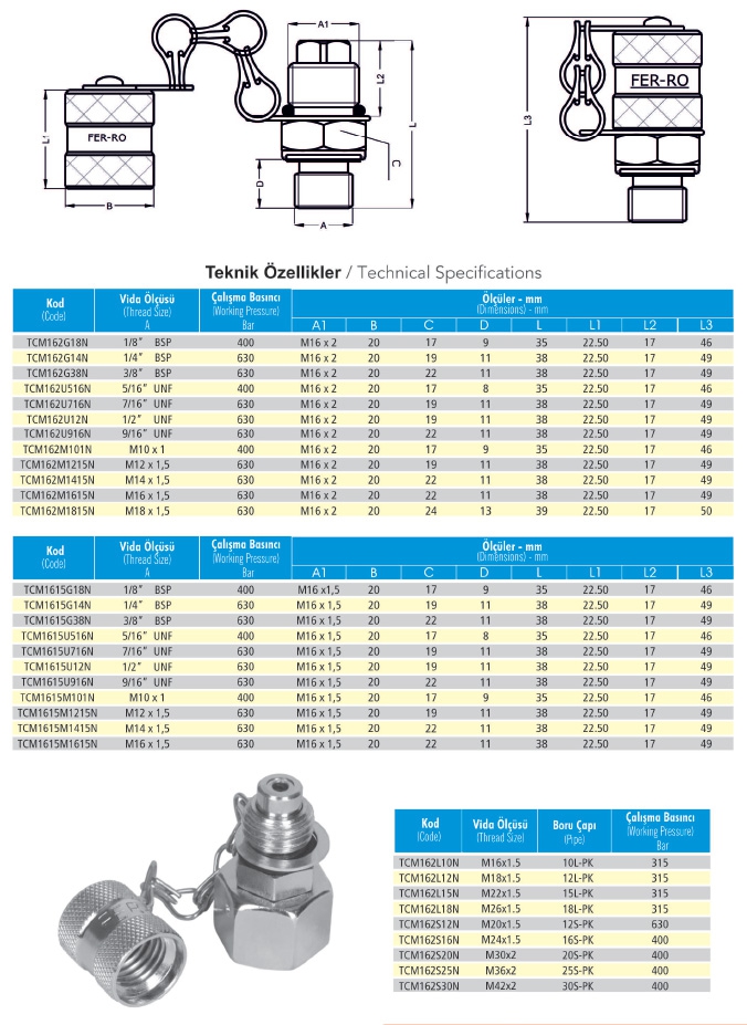 TCM1615G14N M16x15 - 1/4” BSP Hidrolik Manometre Test Rekoru 630 Bar