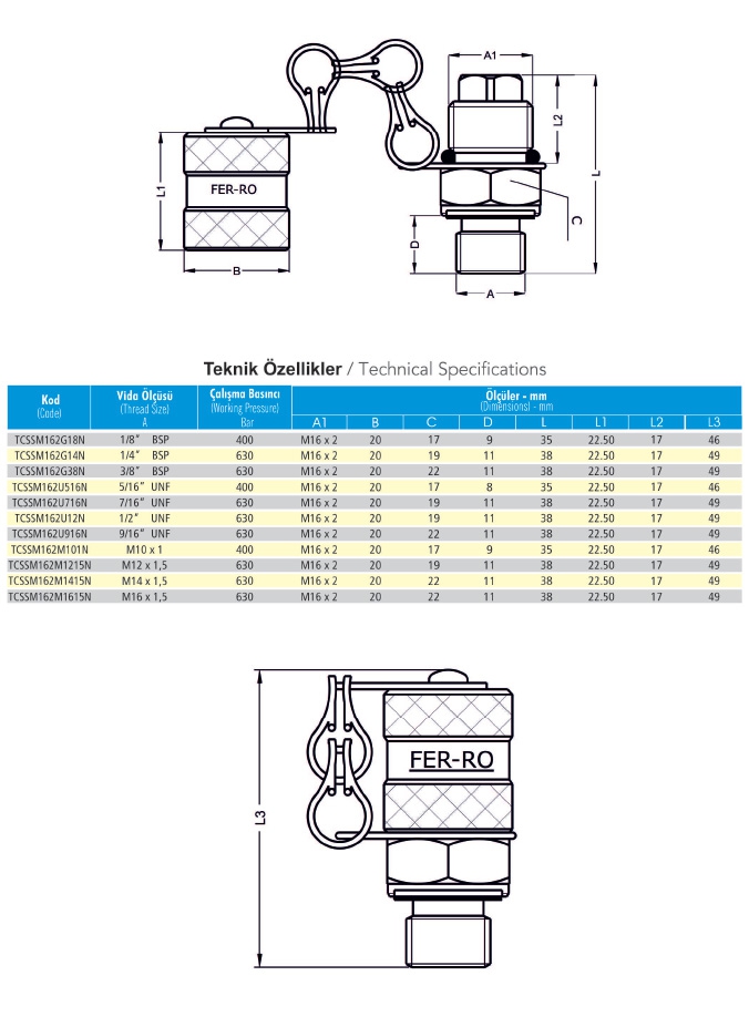 TCSSM162M101N M16x2 - M10 x 1 Hidrolik Paslanmaz Manometre Test Rekoru 400 Bar