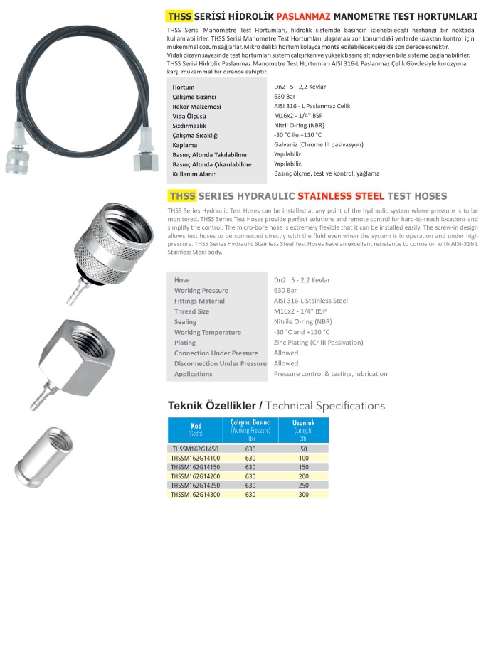 THSSM162G14300 DN2 Paslanmaz Manometre Test Hortumu M16x2-1/4” BSP - 300 CM 630 Bar