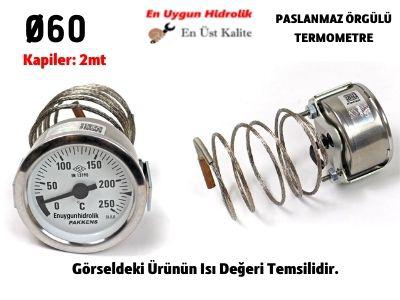 Ø60  0-350 °C  Arkadan Bağlantılı Pano Tip Gazlı Termometre 2mt Paslanmaz Örgülü